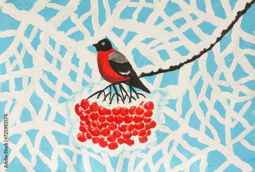 Bullfinch on branch with ashberries on branches with snow painting photo