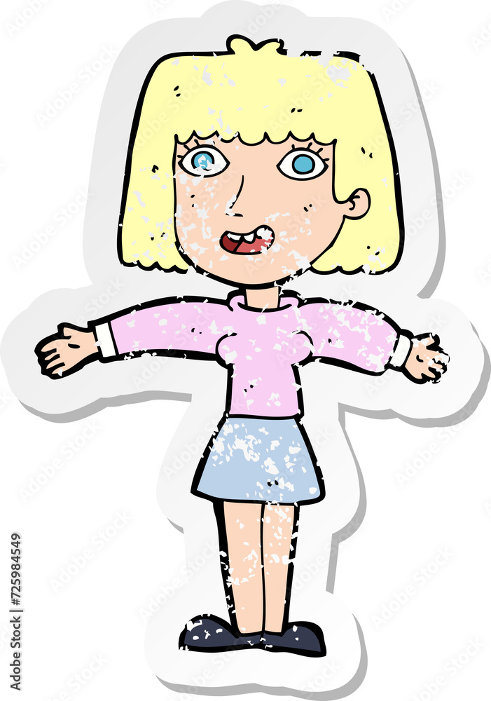 retro distressed sticker of a cartoon excited woman retro distressed sticker of a cartoon excited woman