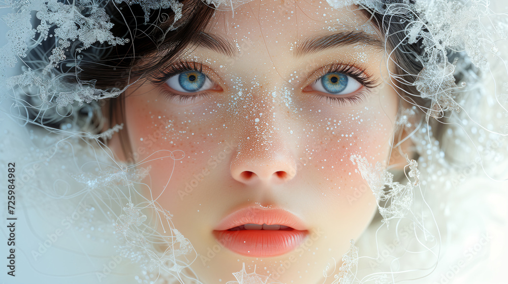 A mesmerizing close-up image of a woman's face on a white background, decorated with abstract patterns. Surreal artwork. Intricate details and soft lighting. A magical and fabulous atmosphere. A mesmerizing close-up image of a woman's face on a white background, decorated with abstract patterns. Surreal artwork. Intricate details and soft lighting. A magical and fabulous atmosphere.