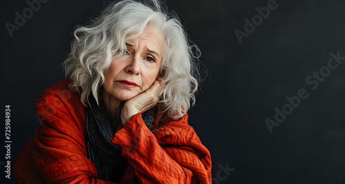 senior sad lady with white hair portrait, generative ai