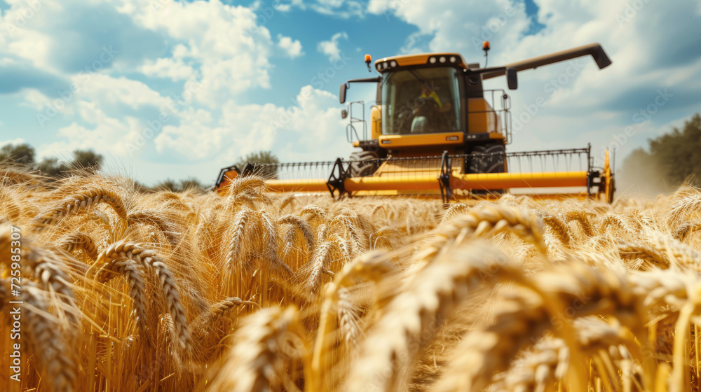 Fototapeta premium Wheat ears in summer, combine harvester harvests in background, machine cutting rape grain on farm. View of tractor working in field and blue sky. Concept of agriculture, industry