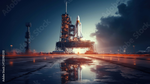 Space shuttle is on launch pad before start, rocket on sky background at night. Concept of travel, technology, science, sls, ship photo