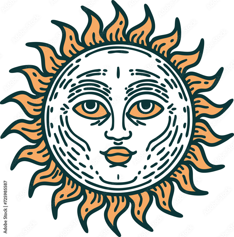 tattoo style icon of a sun with face