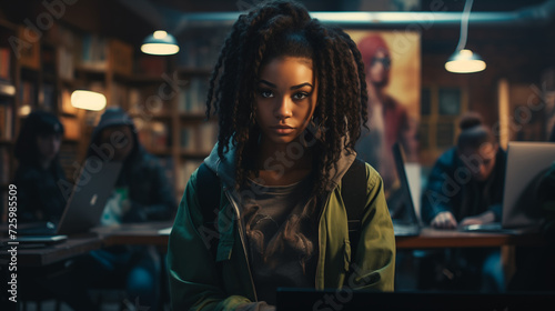 Focused black Woman Working on Laptop in a Cozy Library Setting. photo