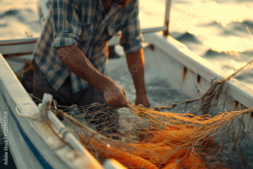 Focused fisherman with fish in net during traditional fishing on the boat