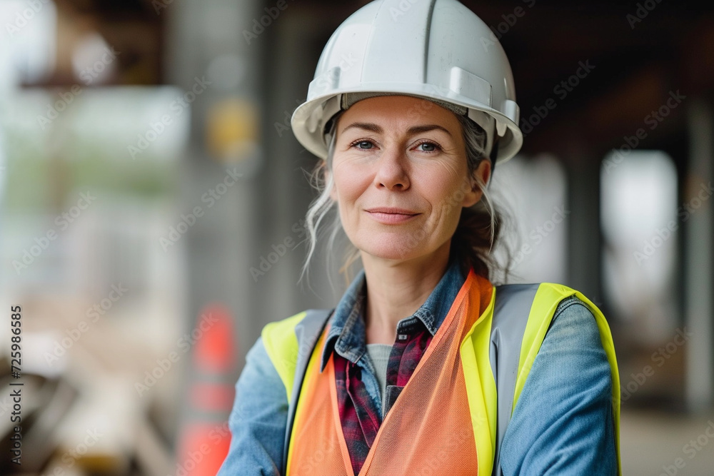 Professional woman in hard hat with a content smile on site. Generative AI. Professional woman in hard hat with a content smile on site. Generative AI.