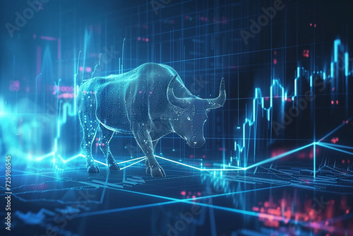 Abstract technology bull on glowing stock market chart. Generative AI.  photo