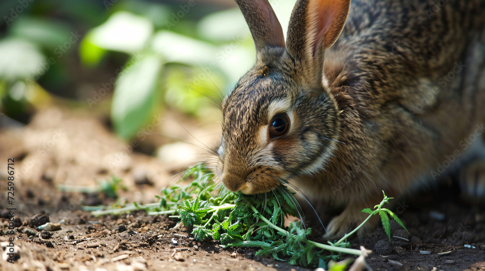 Fototapeta premium rabbit eating a cannabis plant