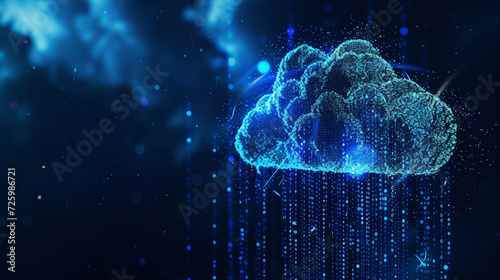 A dynamic composition of a cloud with digital binary code raining down, representing cloud computing and data transfer, DevOps, Cloud Technologies, dynamic and dramatic compositions, with copy space