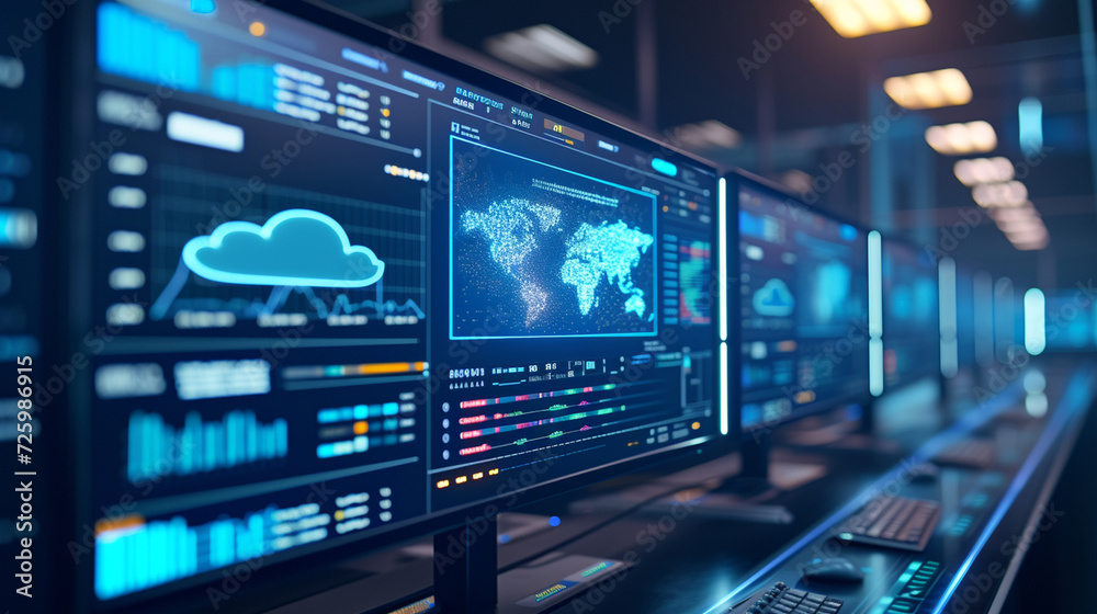 An expansive view of a cloud platform interface on a widescreen monitor in a network operations center, DevOps, Cloud Technologies, dynamic and dramatic compositions, with copy space