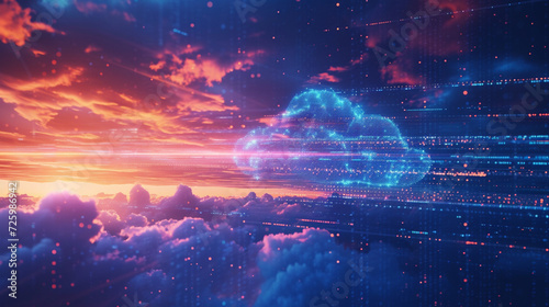 A dramatic skyline with digital clouds merging into the real clouds above, blurring the lines between virtual and physical, DevOps, Cloud Technologies, dynamic and dramatic compositions, with copy spa photo