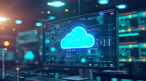 An expansive view of a cloud platform interface on a widescreen monitor in a network operations center, DevOps, Cloud Technologies, dynamic and dramatic compositions, with copy space