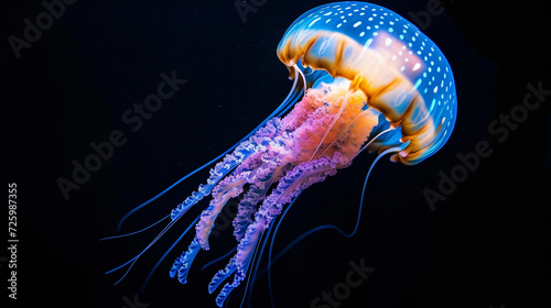 Brilliantly glowing jellyfish gracefully drifts through the depths of the ocean, illuminating the dark waters. Vibrant colors and intricate tentacles captivate the eye in this mesmerizing im