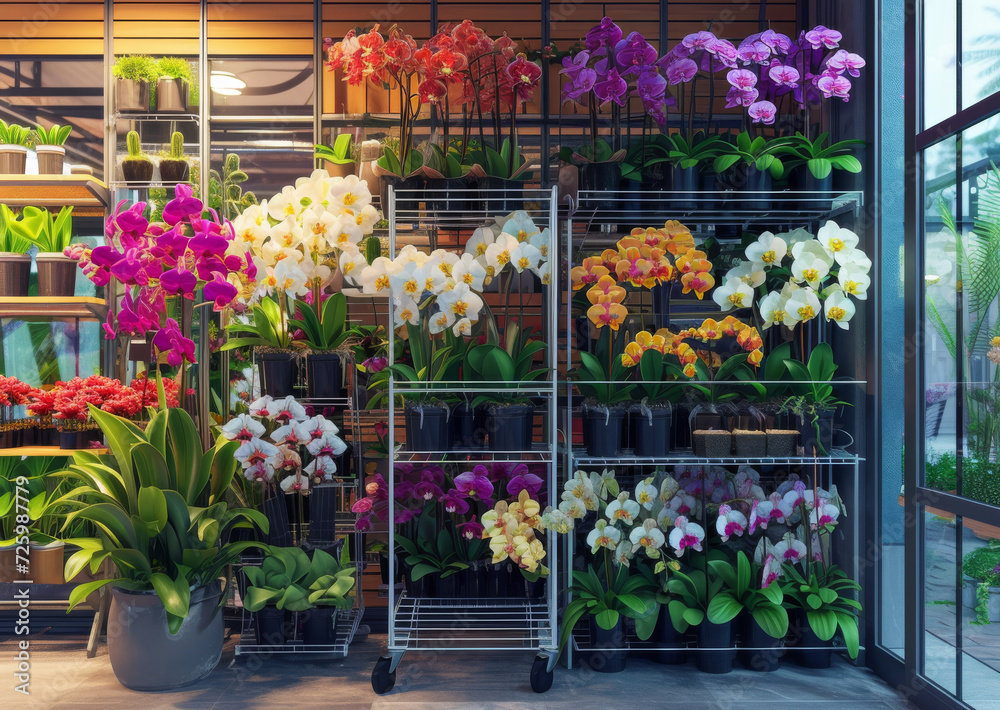 Colorful assortment of blooming orchids in a flower shop