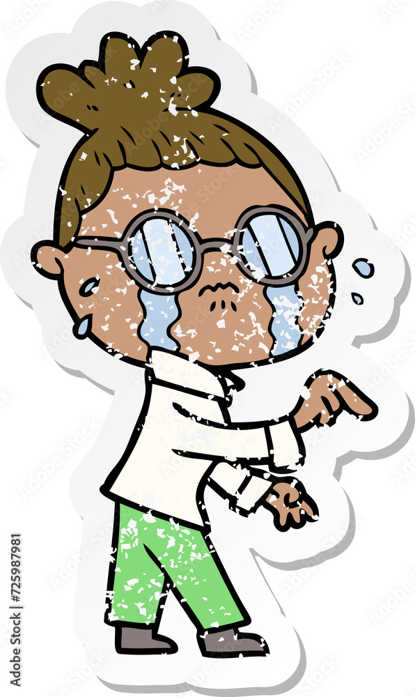 distressed sticker of a cartoon crying woman wearing spectacles distressed sticker of a cartoon crying woman wearing spectacles