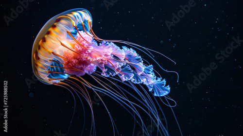 A mesmerizing photograph showcasing a vibrant, colorful jellyfish gracefully floating in the depths of the deep ocean. Isolated against a striking black background, this captivating creature