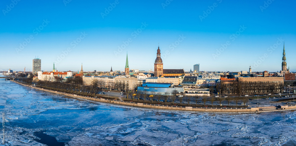 Frozen river Daugava in Riga, Latvia. Aerial view of the winter over Riga.