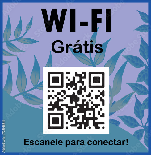 Wi-Fi Grátis Floral QR Code. Arte com  filtro na cor azul, com fundo de flores silvestres verdes.