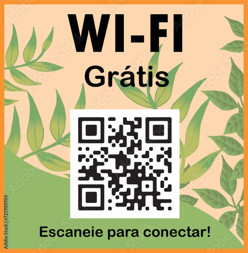 Wi-Fi Grátis Floral QR Code. Arte com  filtro na cor laranja, com fundo de flores silvestres verdes.