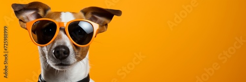 Jack russell dog in sunglasses with space for vacation concept text on orange background banner photo