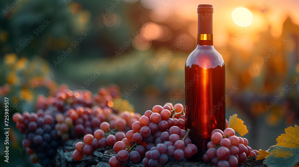 Vineyard harvest, red wine bottle among ripe grape clusters. Copy space - obrazy, fototapety, plakaty 
