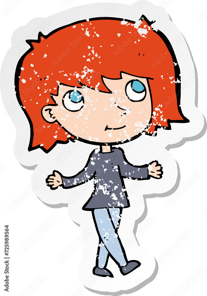 retro distressed sticker of a cartoon girl with no worries retro distressed sticker of a cartoon girl with no worries