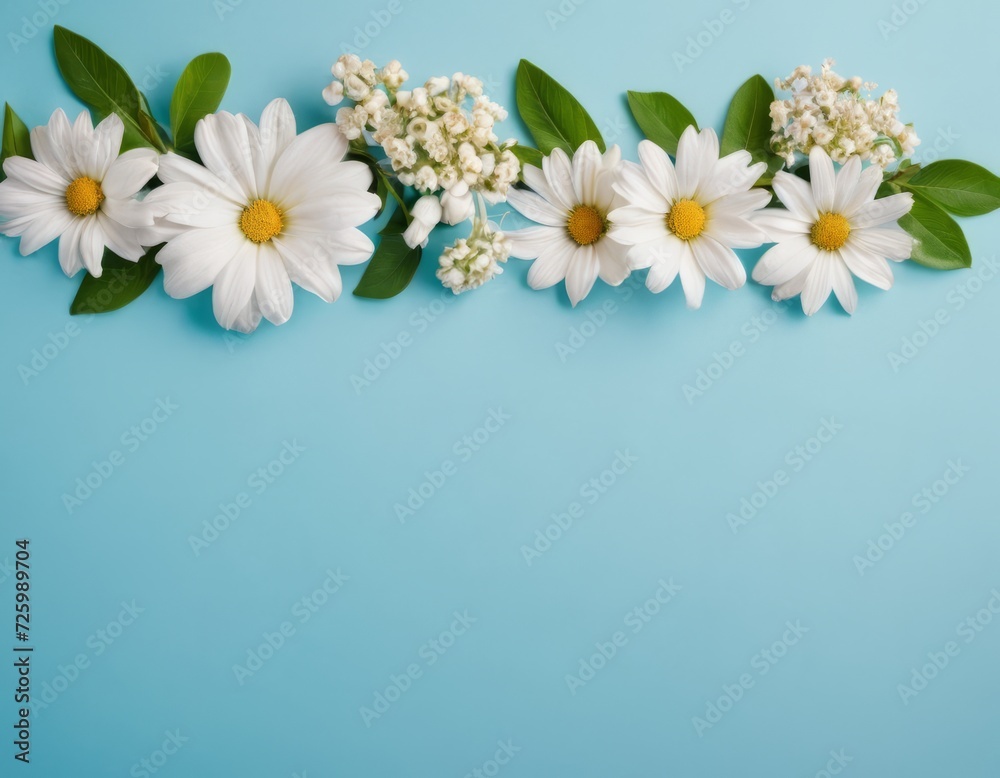 Obraz premium Summer flower arrangement. of white daisy flowers on blue pastel background. For cards, invitations and design. Flat layout, top view, copy space
