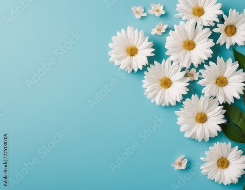 Summer flower arrangement. of white daisy flowers on blue pastel background. For cards  invitations and design. Flat layout  top view  copy space