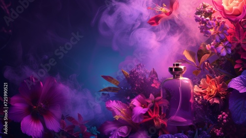 A fragrant bottle of violet perfume blooms amongst a sea of magenta and purple flowers, reminiscent of a vibrant reef bursting with life and color