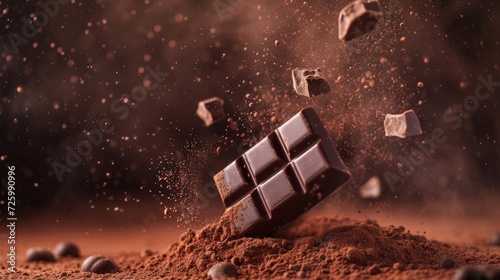 A tantalizing chocolate bar cascades into a sea of fine powder, leaving behind a bittersweet reminder of its once delicious existence on the rugged outdoor ground