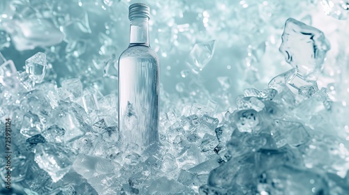 A translucent bottle of refreshing water stands frozen in time, encapsulated by the icy embrace of its solid solvent