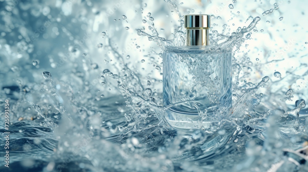 An elegant splash of perfumed water dances in a transparent bottle, embodying the fluidity and delicate essence of the scent An elegant splash of perfumed water dances in a transparent bottle, embodying the fluidity and delicate essence of the scent