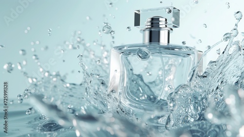 A fragrant burst of liquid silk dances in mid-air as a bottle of perfume playfully splashes water, embodying the essence of fluidity and grace