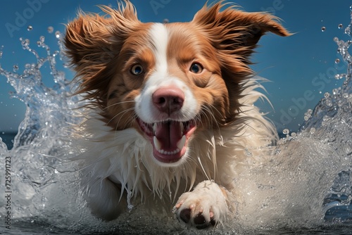 Energetic border collie filled with boundless joy, happily splashing in the revitalizing water © chelmicky