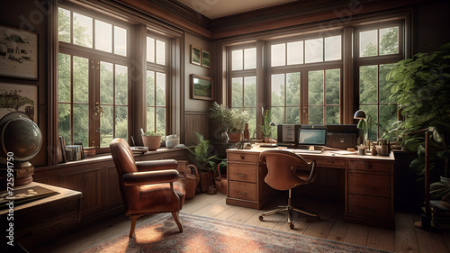 home office with plant, desk and large windows - AI generative