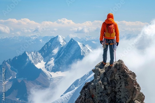 Mountaineer model at the summit of a challenging peak Symbolizing achievement Perseverance And the spirit of exploration