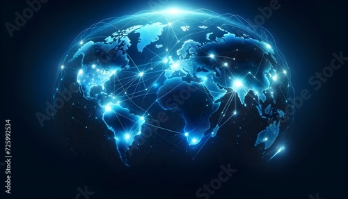 The image is a digital representation of the Earth with a network of connections spanning across continents  highlighted by glowing dots and lines against a dark blue background.  