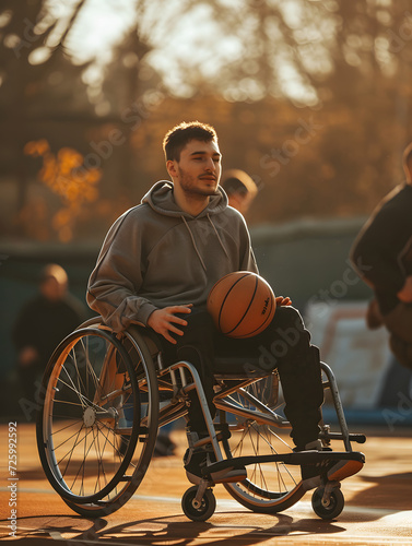 A young man in a wheelchair is holding a basketball, ready to play, on an outdoor court bathed in the warm glow of a setting sun