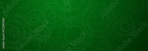 Abstract illustration with a pattern of large and small gears, in white colors on a green background
