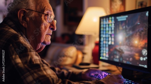 A bespectacled man sits indoors, his face illuminated by the glowing computer monitor, surrounded by walls adorned with various electronic devices and screens, engrossed in the multimedia world befor photo