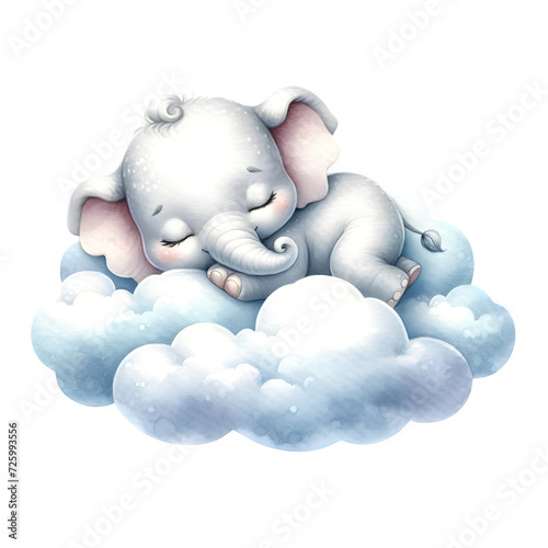 cute watercolor animal sleeping on the fluffy cloud clipart of elephant