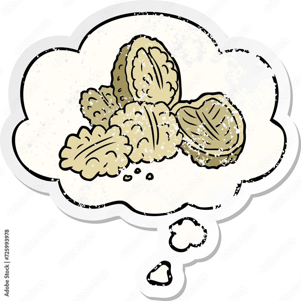 cartoon walnuts and thought bubble as a distressed worn sticker cartoon walnuts and thought bubble as a distressed worn sticker