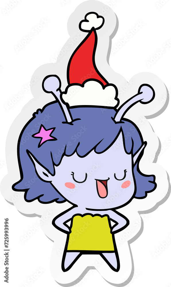 happy alien girl sticker cartoon of a wearing santa hat happy alien girl sticker cartoon of a wearing santa hat