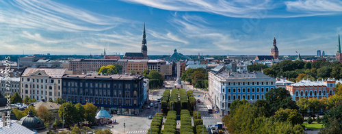 Beautiful aerial Riga view from above. Panoramic view of the Riga old town, the capital of Latvia. photo
