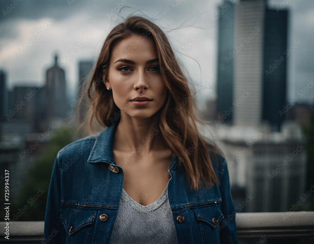 A model-looking woman poses for the camera in casual clothing. A model-looking woman poses for the camera in casual clothing.
