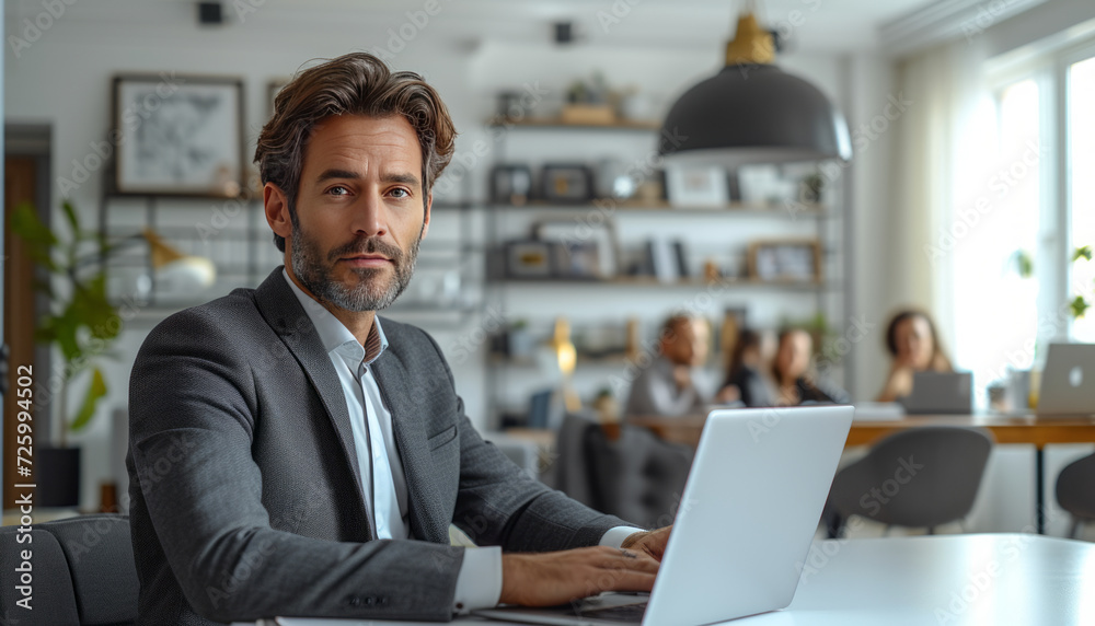 A man in a suit, sitting at a desk on his laptop having a video call with a team. generative ai