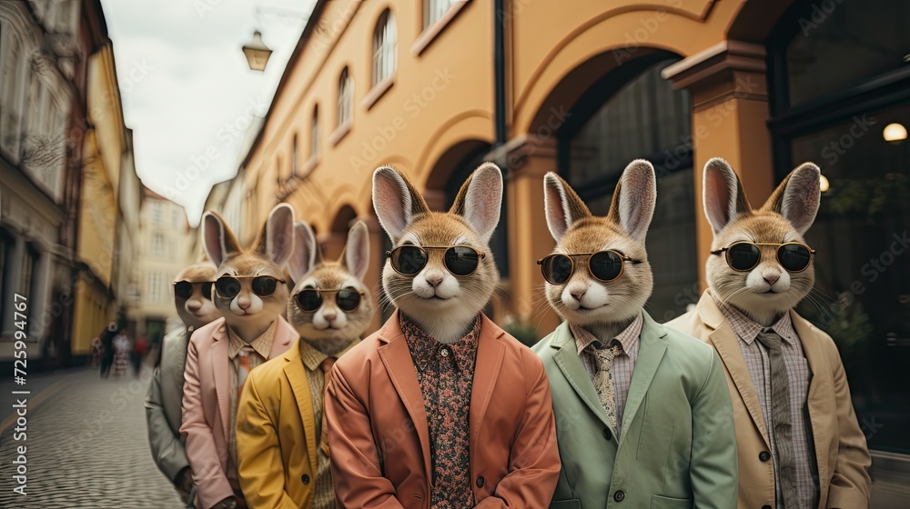 Easter rabbits in fashionable suit in city