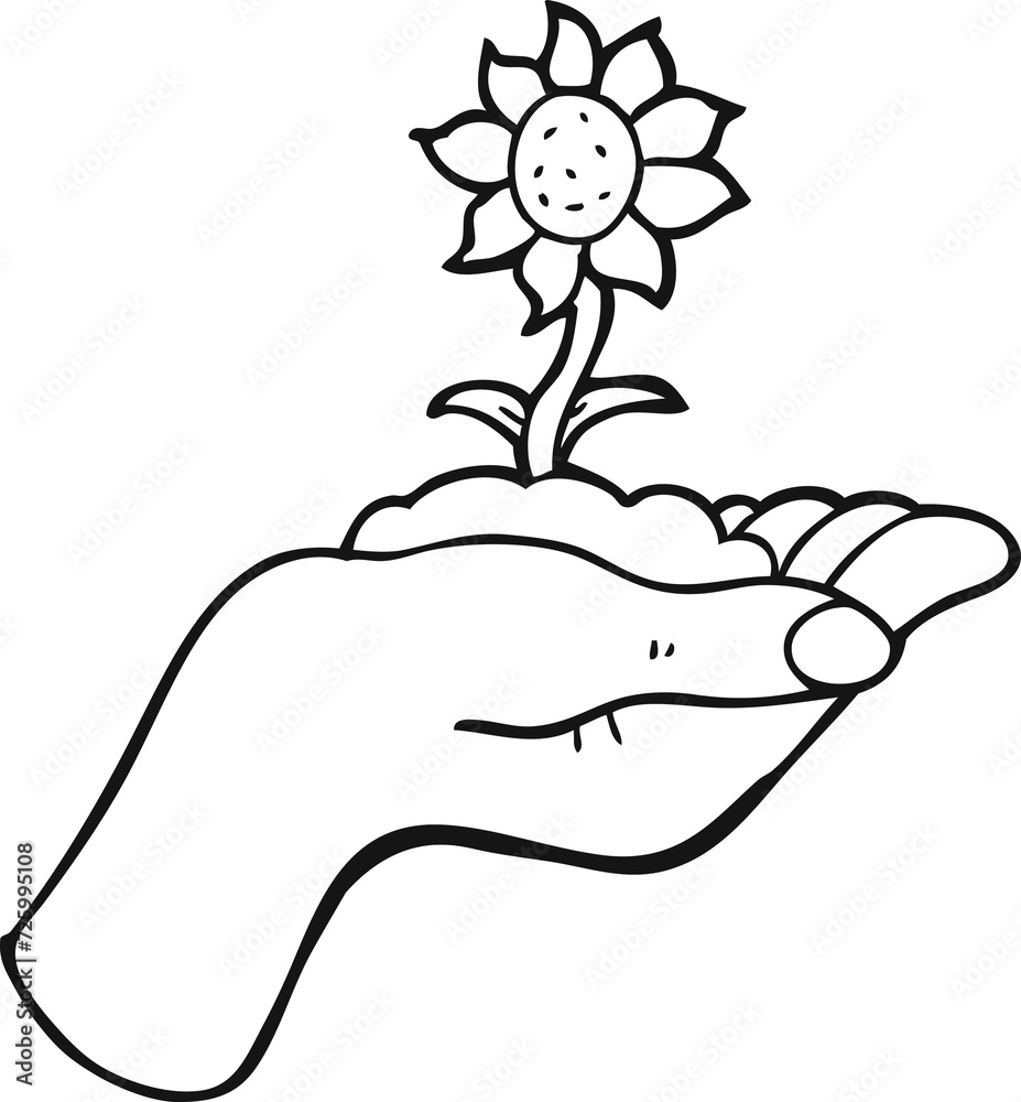 Obraz premium black and white cartoon flower growing in palm of hand