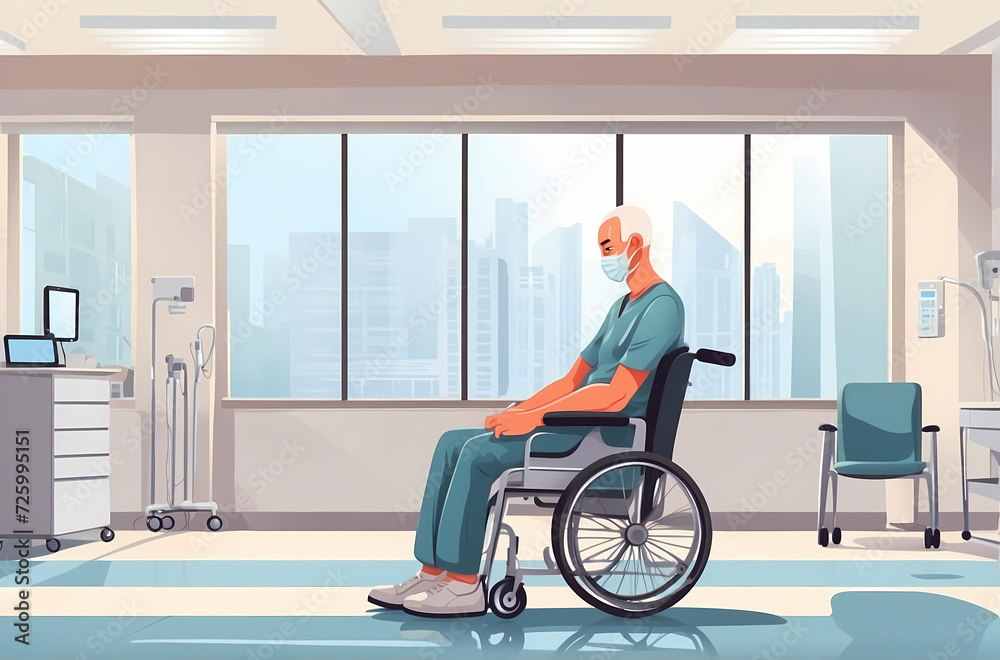 Disability Male Riding Wheelchair inside hospital room. Cartoon Characters Illustration Disability Male Riding Wheelchair inside hospital room. Cartoon Characters Illustration