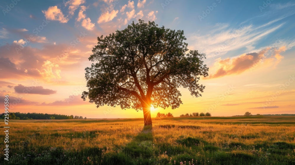 Beautiful tall tree in a field with an amazing sunset generative ai